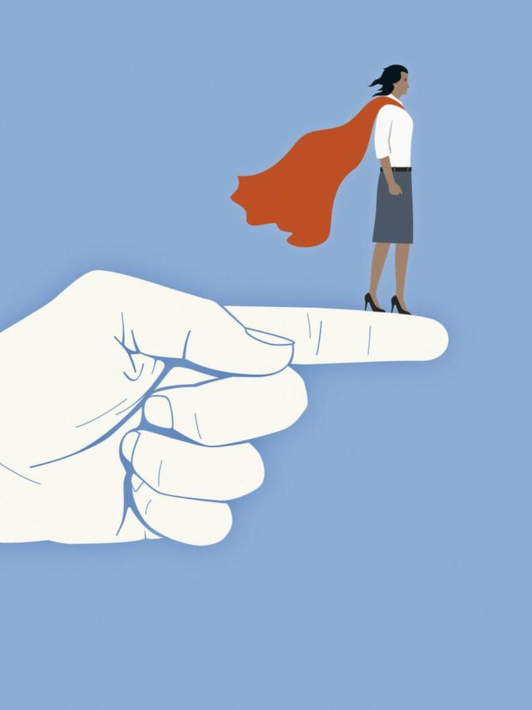 Eine Frau mit einem Heldenumhang steht auf einem ausgestrekten Zeigefinger. (Illustration)