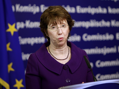 EU-Außenbeauftrage Catherine Ashton äußert sich auf einer Pressekonferenz in Brüssel zur Situation in Ägypten.