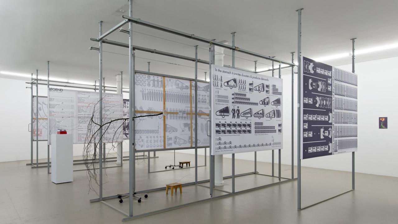 Stellwände im Ausstellungsraum der Installation "In the Stomach of the Predators" von Andreas Siekmann vermitteln Zusammenhänge rund um die Monopolbildung auf dem Saatgutmarkt.
