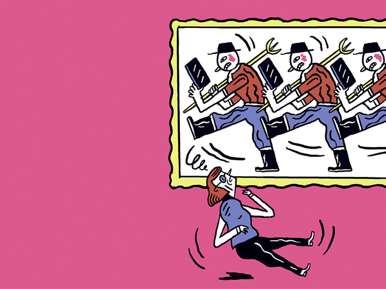 Die Illustration zeigt drei marschierende Männer, darunter eine stürzende Frau.