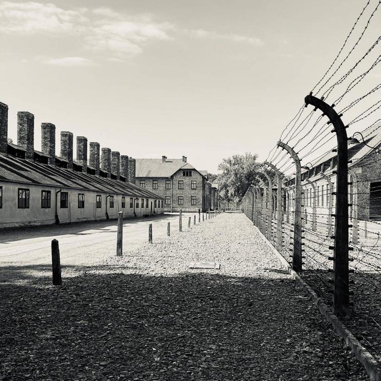 Schwarzweißfoto von Baracken und Stacheldrahtzaun im Konzentrationslager Auschwitz.