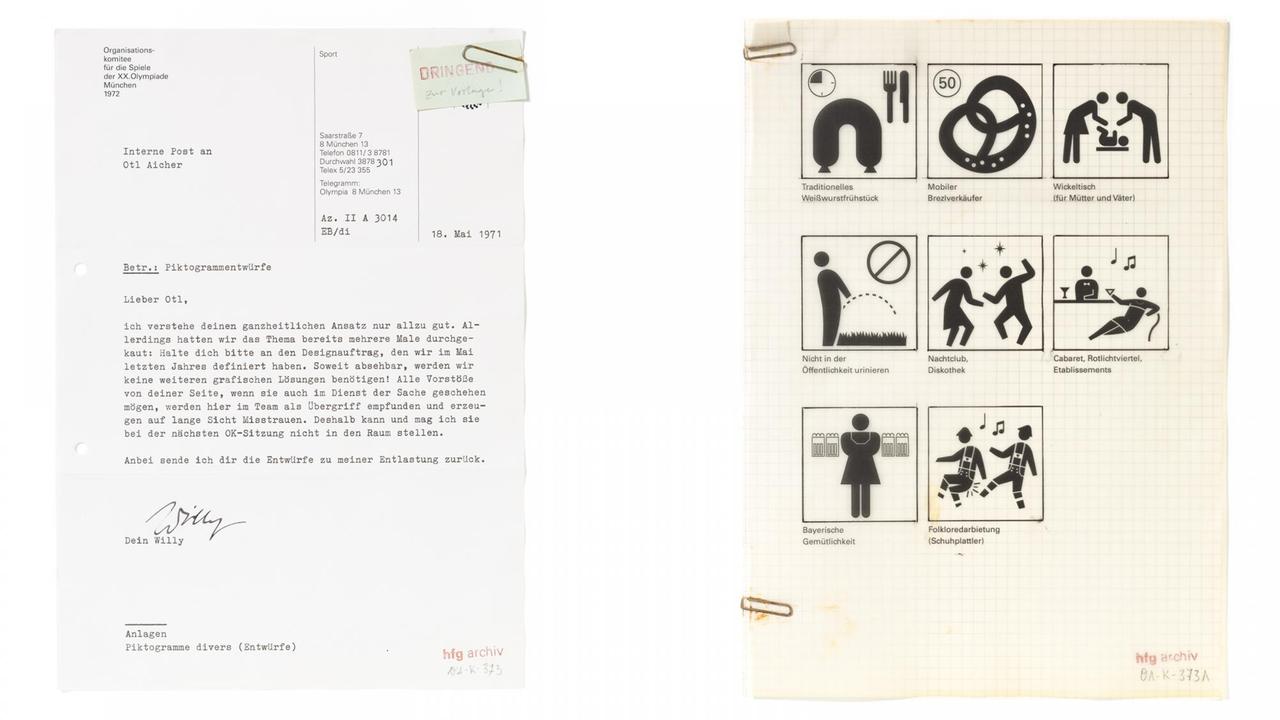 Ein Brief von Willy Daume an Otl Aicher und einige Piktogrammentwürfe.