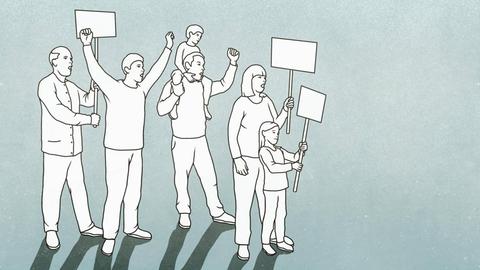 Illustration von protestierenden Menschen, die Schilder tragen