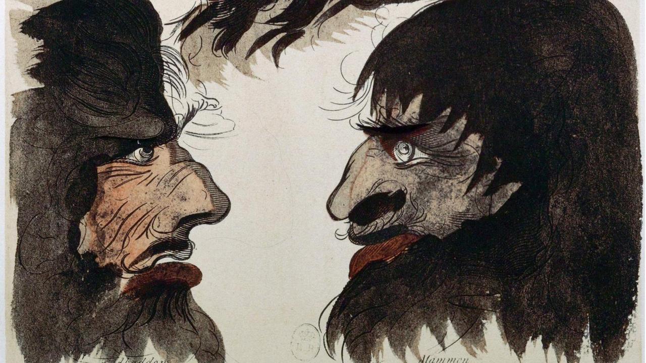 Zwei gezeichnete Dämonenköpfe mit großen faltigen Augen und großen Nasen schauen einander an.