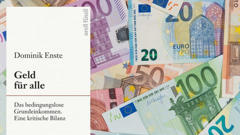 Buchcover "Geld für alle". Im Hintergrund verschiedene Geldscheine