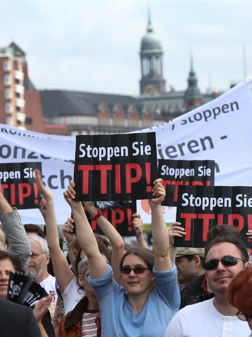 Demonstranten halten am 17.05.2014 in Hamburg bei einer Wahlkampfveranstaltung der CDU auf dem Hamburger Fischmarkt ein Plakat mit der Aufschrift "Stoppen Sie TTIP" in die Höhe.