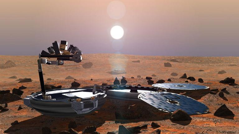 Leider nur eine Zeichnung: Beagle-2 im Einsatz auf dem Mars
