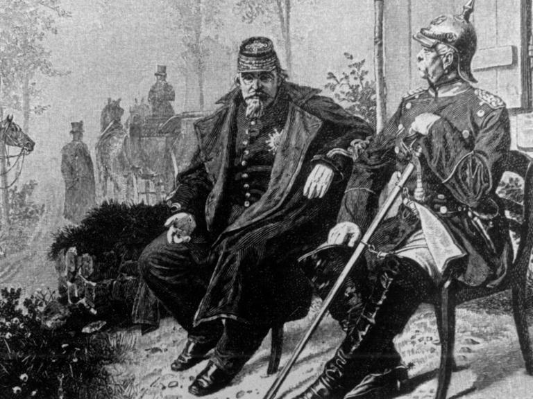 Der letzte französische Kaiser Napoleon III. (l) in einer zeitgenössischen Darstellung während einer Unterredung mit Fürst Otto von Bismarck in Donchery nach der Schlacht bei Sedan.