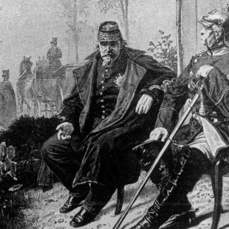 Der letzte französische Kaiser Napoleon III. (l) in einer zeitgenössischen Darstellung während einer Unterredung mit Fürst Otto von Bismarck in Donchery nach der Schlacht bei Sedan.