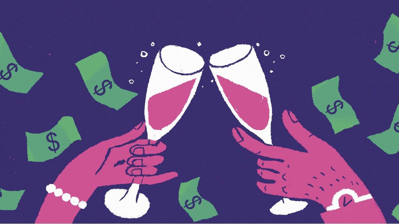 Illustration: Hände eines wohlhabenden Paares stoßen mit Sektgläsern an, um sie herum wirbeln Dollarscheine.