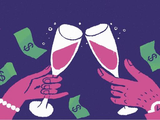 Illustration: Hände eines wohlhabenden Paares stoßen mit Sektgläsern an, um sie herum wirbeln Dollarscheine.