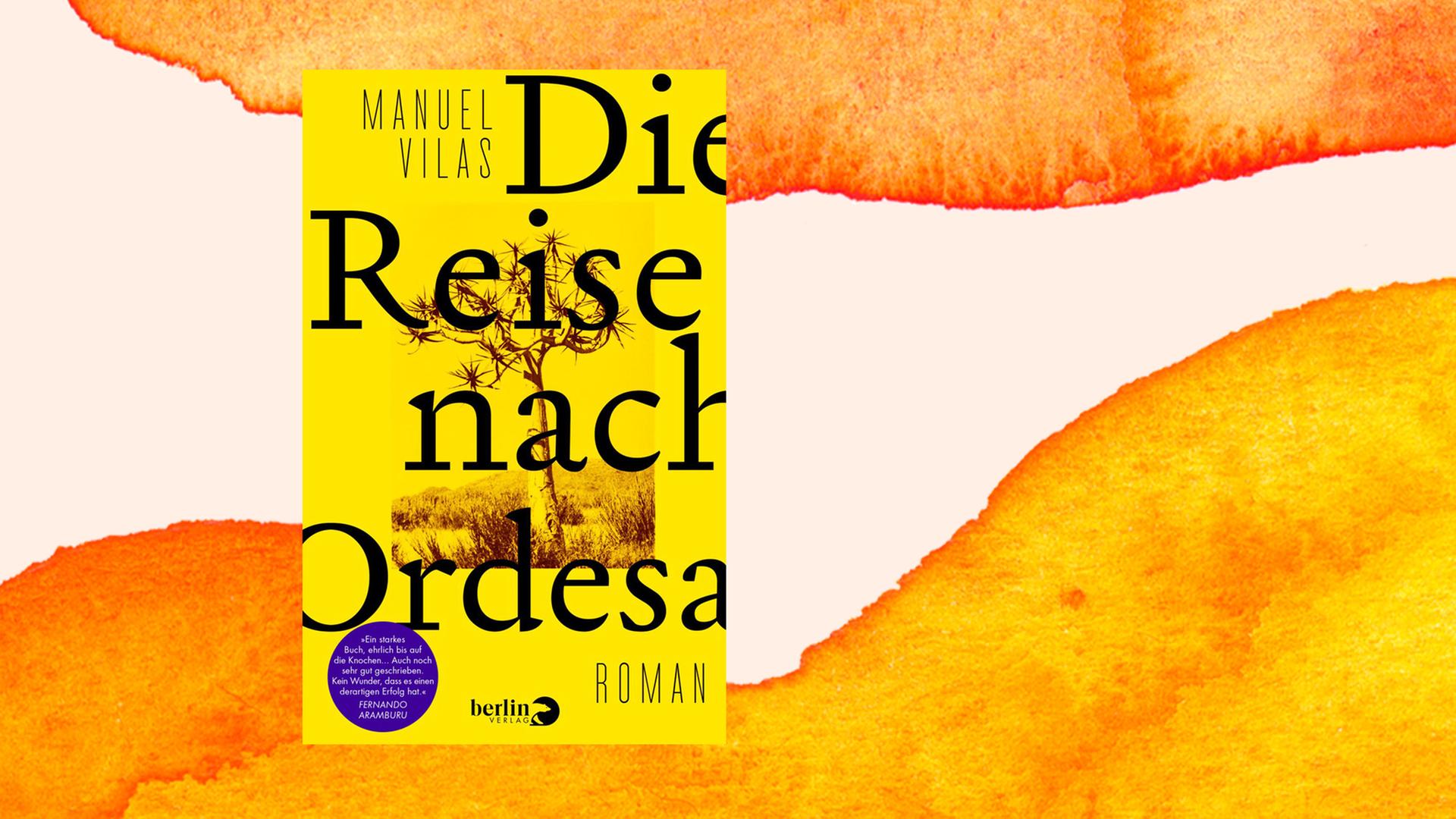 Cover des Buchs "Die Reise nach Ordesa" von Manuel Vilas auf einem orangefarbenen Aquarellhintergrund