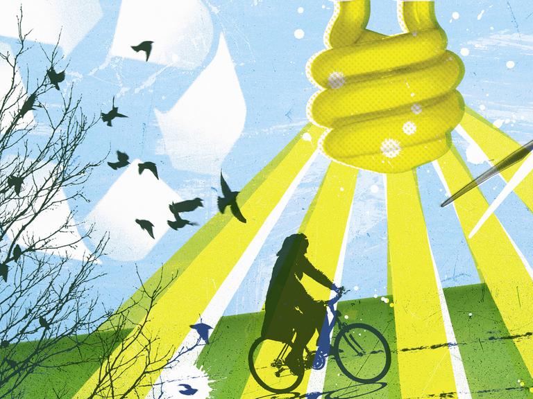 Eine Frau fährt Fahrrad umgeben von umweltfreundlichen Symbolen wie Windrad, Recycling-Pfeil und Licht einer Energiesparlampe