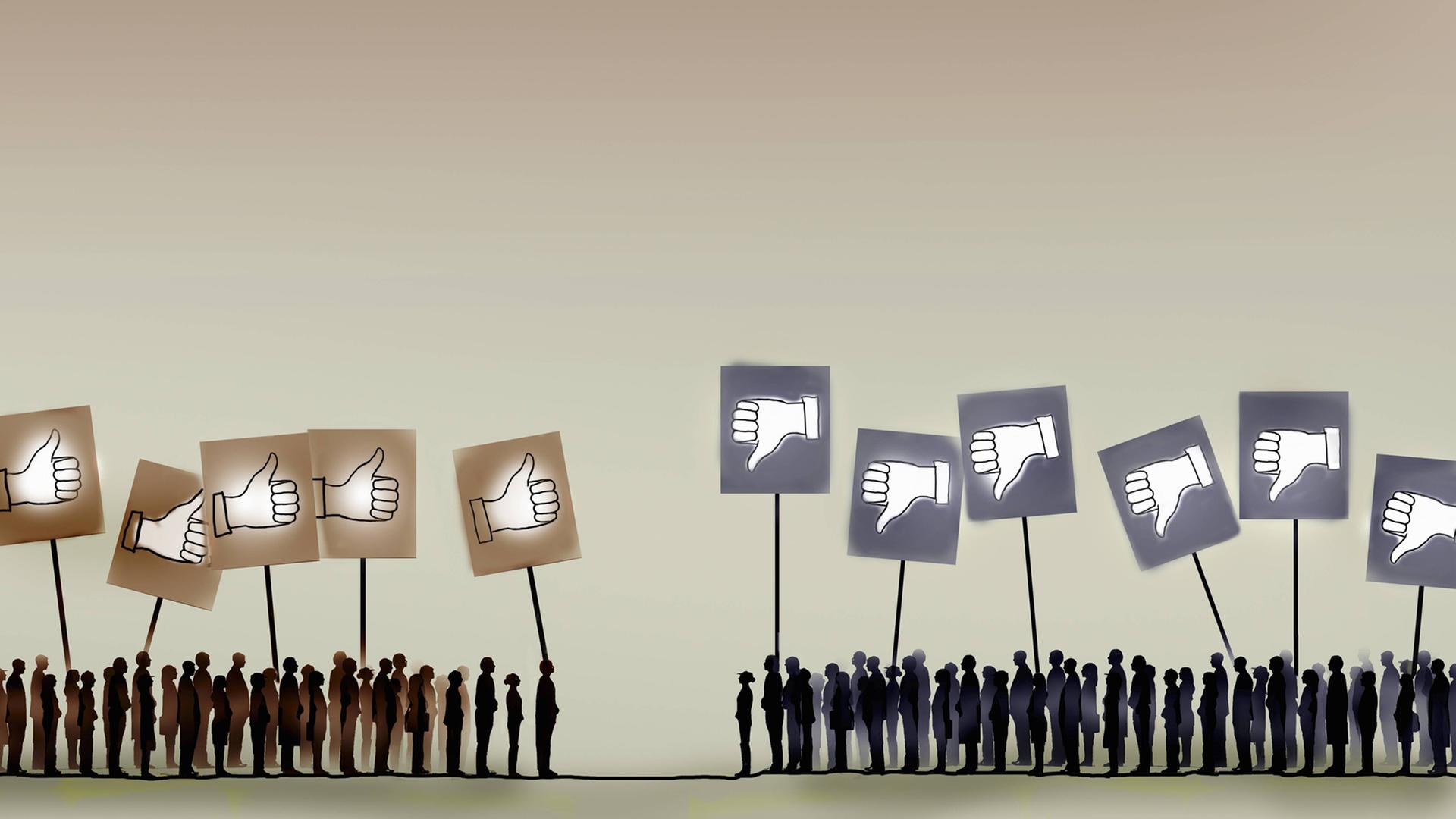 Zwei Menschenmengen halten Plakate mit "Likes" und "Dislikes".