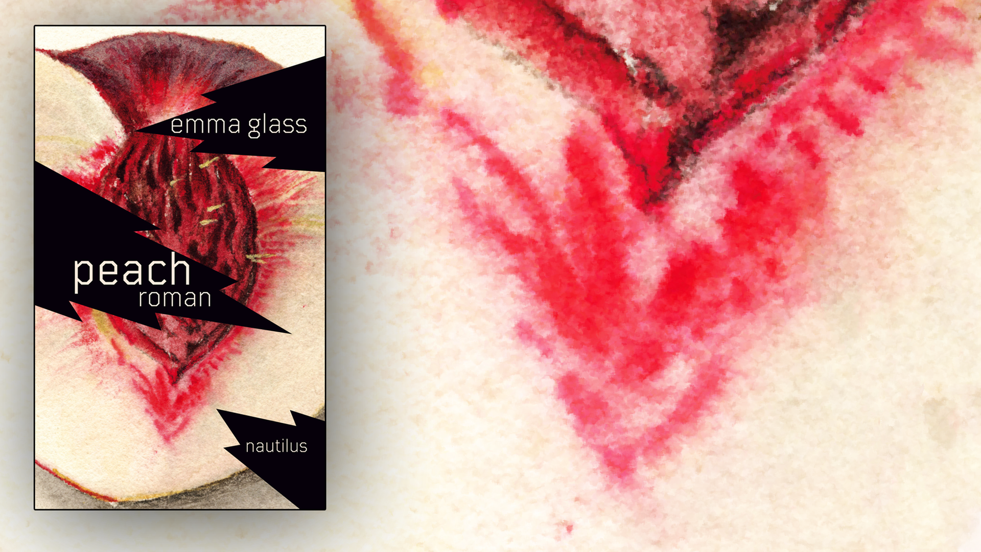 Cover des Romans Peach von Emma Glass (mit verfremdetem BIldausschnitt im Hintergrund), Edition Nautilus