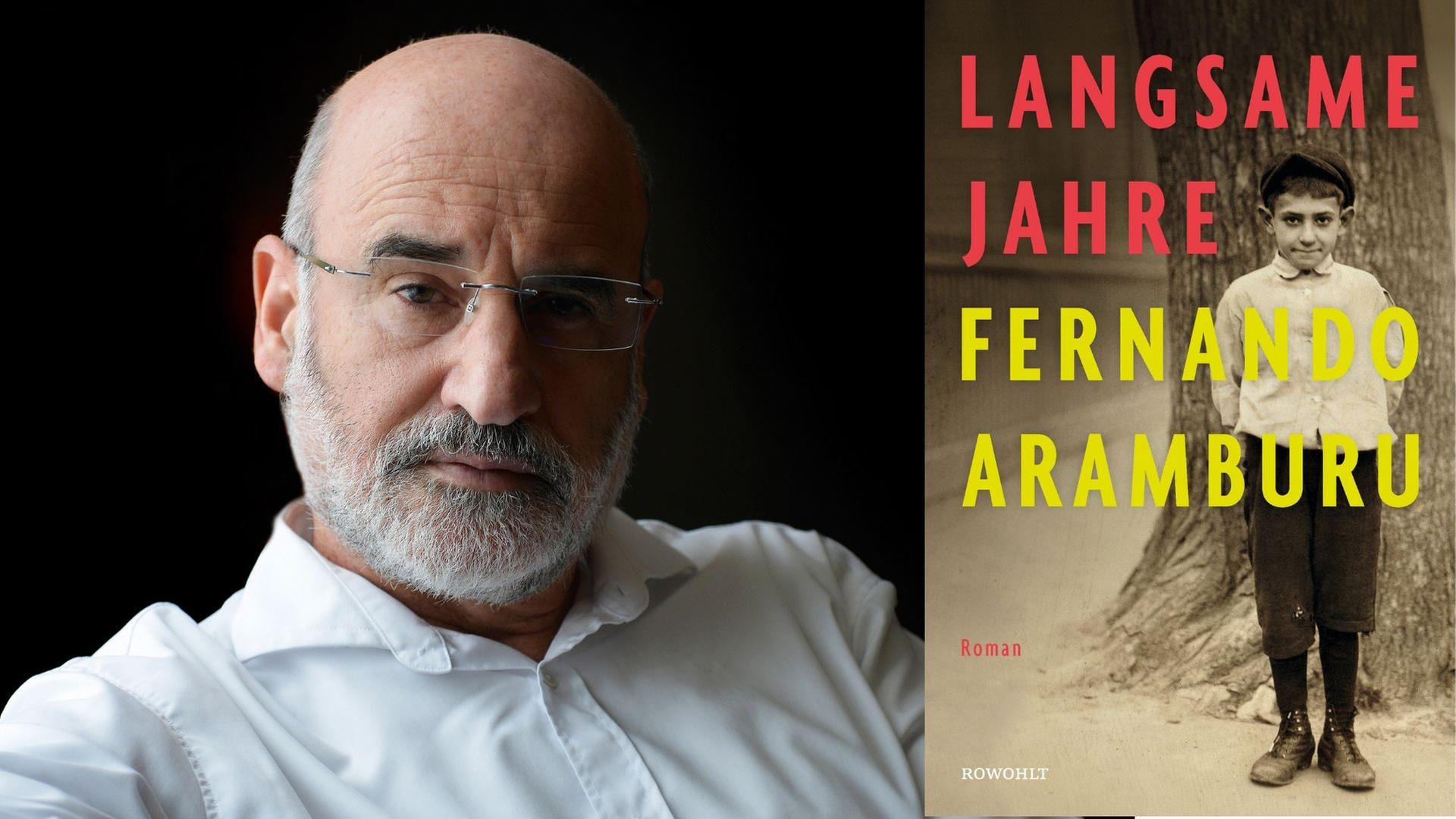 Zu sehen ist der Autor Fernando Aramburu und das Cover seines Romans "Langsame Jahre". Zu sehen ist der Autor Fernando Aramburu und das Cover seines Romans "Langsame Jahre".
