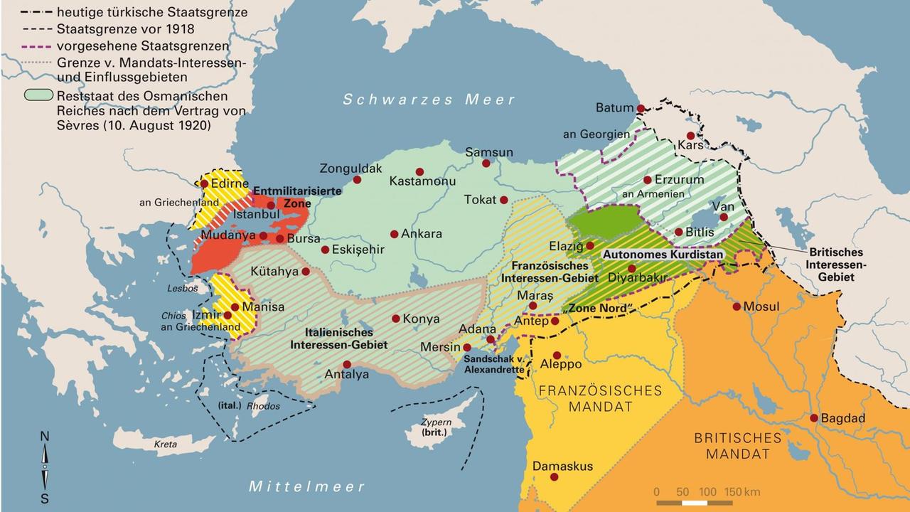 Eine Karte zeigt den Reststaat des Osmanischen Reiches nach dem Vertrag von Sevres.