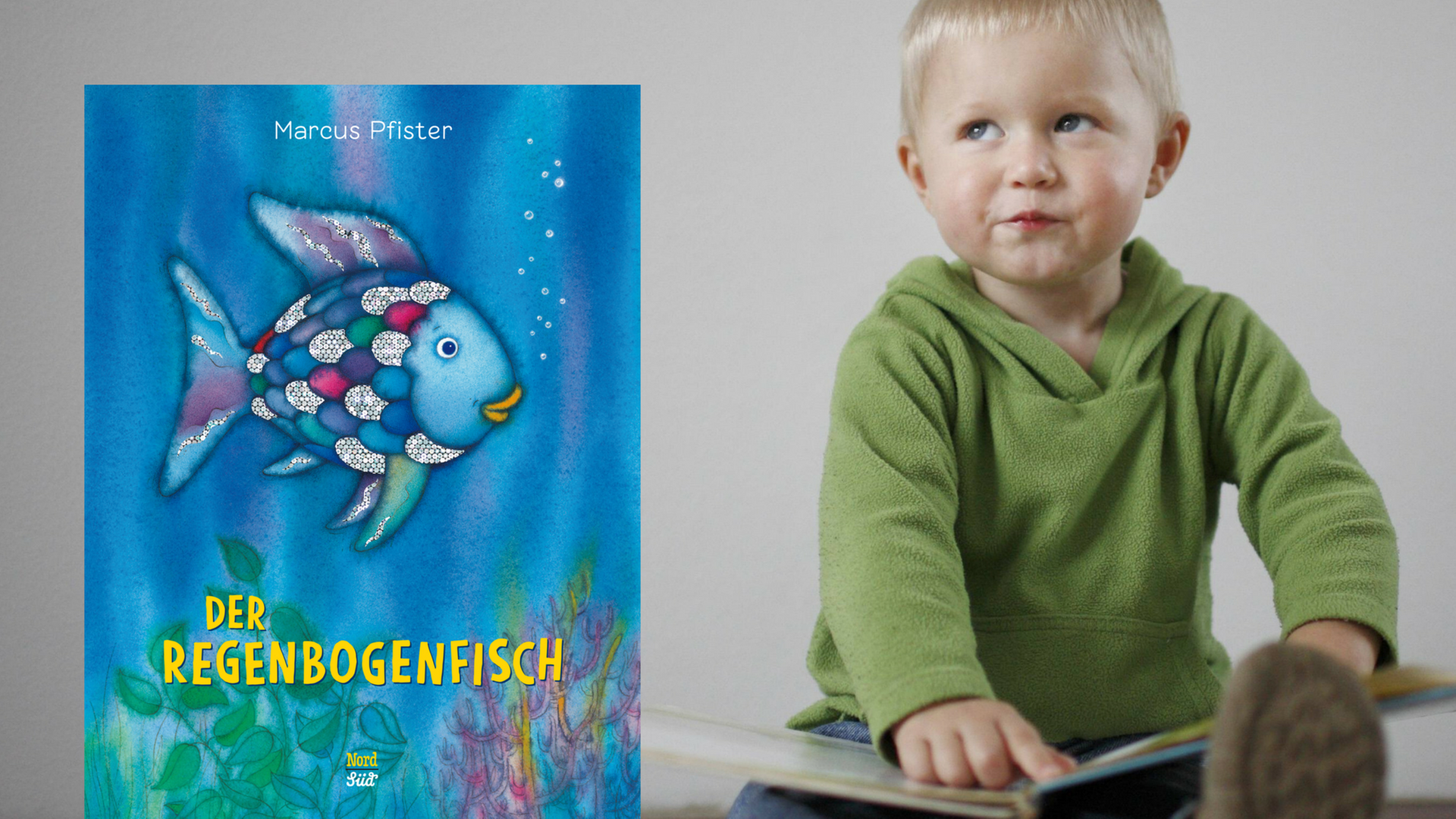Cover von Marcus Pfisters Kinderbuch "Der Regenbogenfisch". Im Hintergrund: Ein Kind mit einem Buch.
