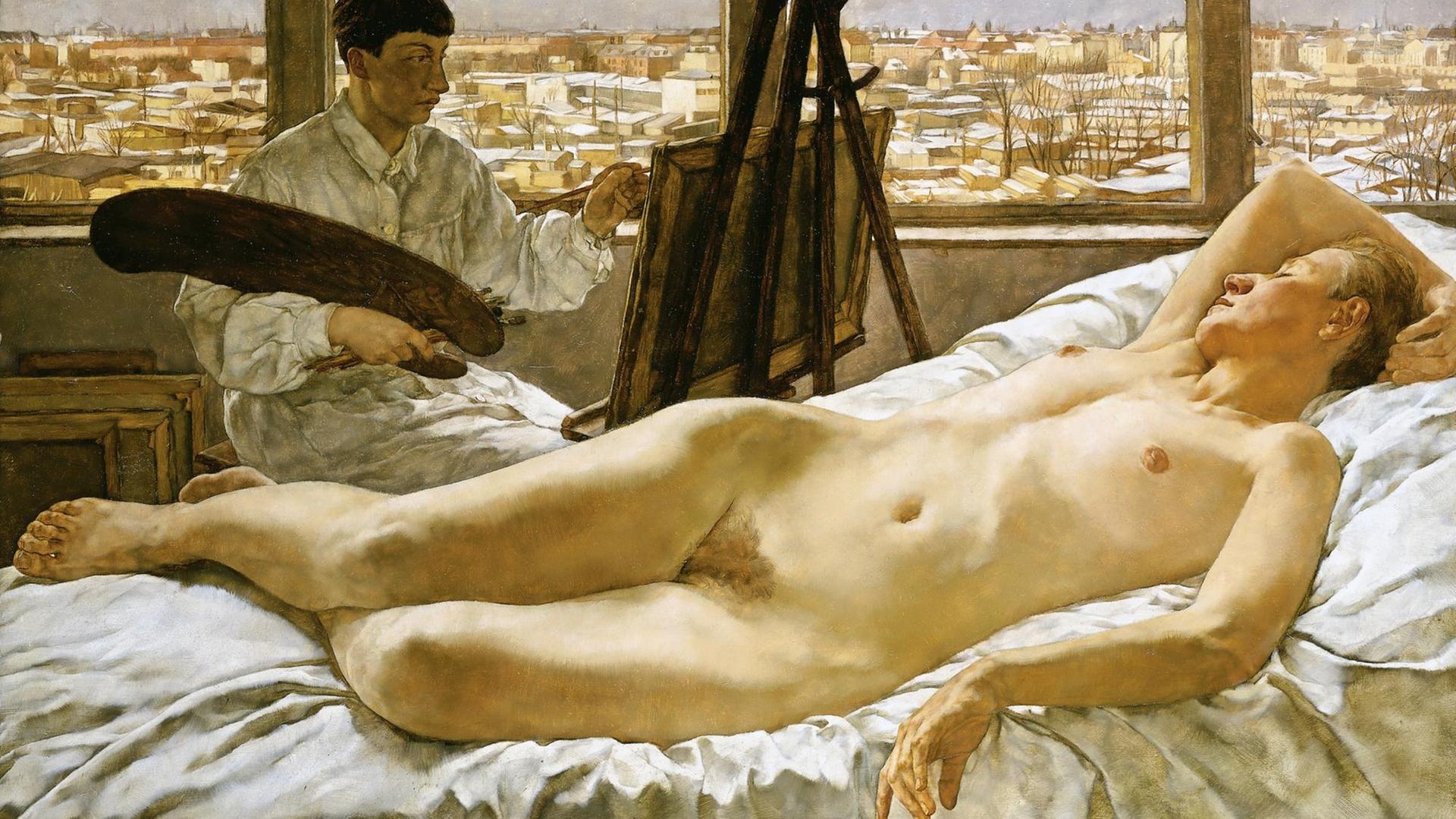 Das Gemälde in Öl auf Holz zeigt die Malerin in ihrem Atelier hinter einem liegenden, weiblichen Akt-Modell
