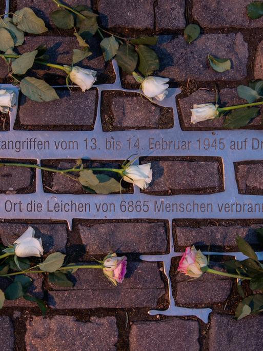 Rosen liegen auf dem Altmarkt in Dresden an einer Gedenkstätte, die an die Opfer der Bombardierung Dresdens im Zweiten Weltkrieg vor 75 Jahren erinnern soll.