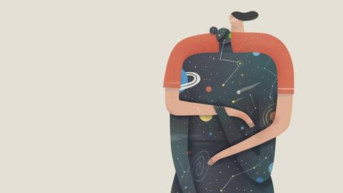 Illustration: Eine Frau umarmt einen Menschen mit Planeten und Sternen auf dem ganzen Körper.