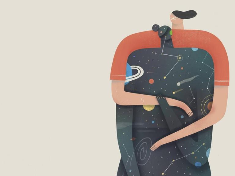 Illustration: Eine Frau umarmt einen Menschen mit Planeten und Sternen auf dem ganzen Körper.