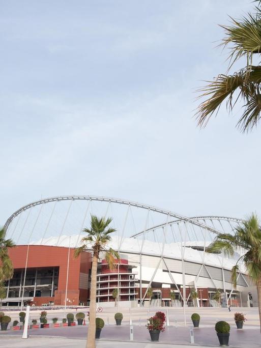 Das Khalifa International Stadion in der katarischen Wüstenstadt Doha, im Vordergrund eine Palme.