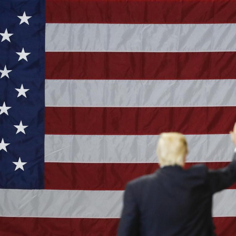 US-Präsident Donald Trump von hinten vor einer US-Flagge