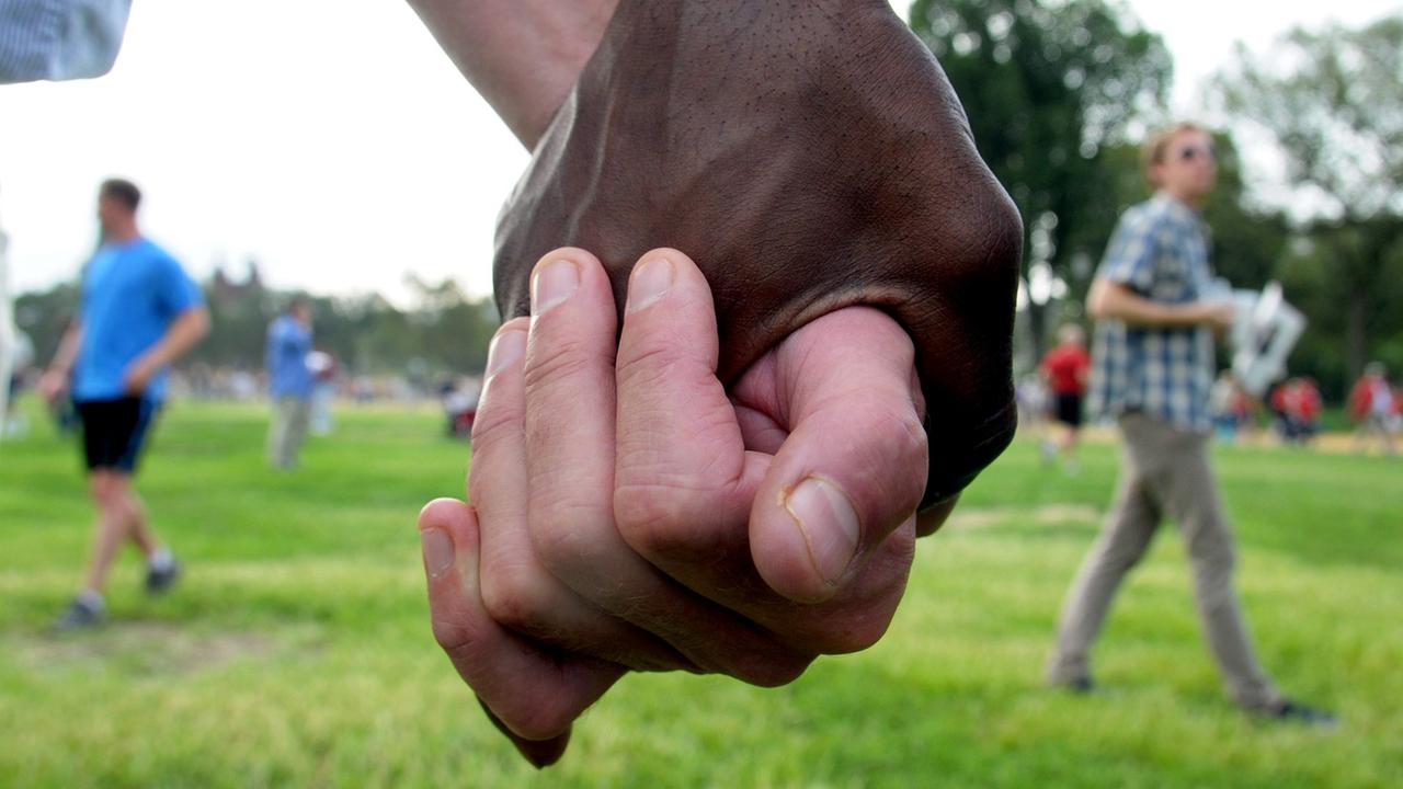 Zwei Teilnehmer einer Demonstration gegen Rassismus halten sich am 28.08.2008 in Washington an den Händen - der eine schwarz, der andere weiß.