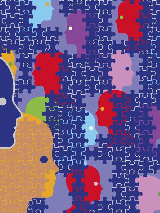 Gesichter werden verdeckt von Puzzleteilen.