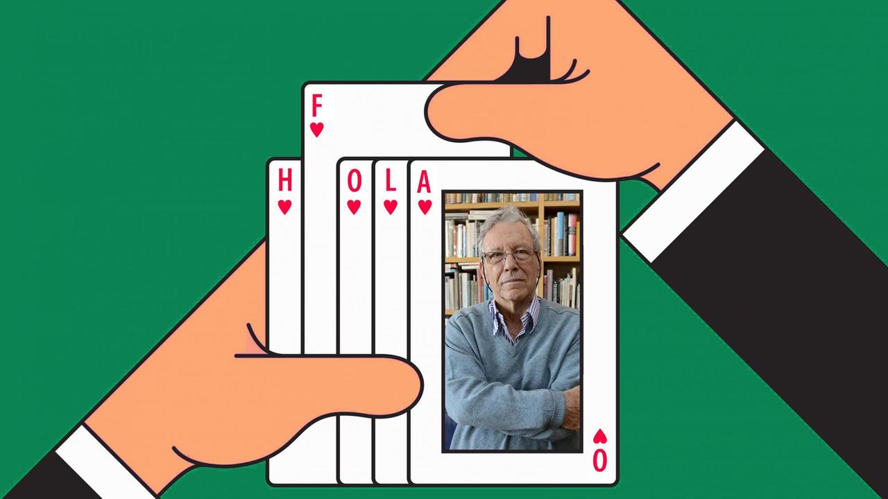 Montage einer Illustration mit Spielkarten und einem Porträt von Amos Oz.