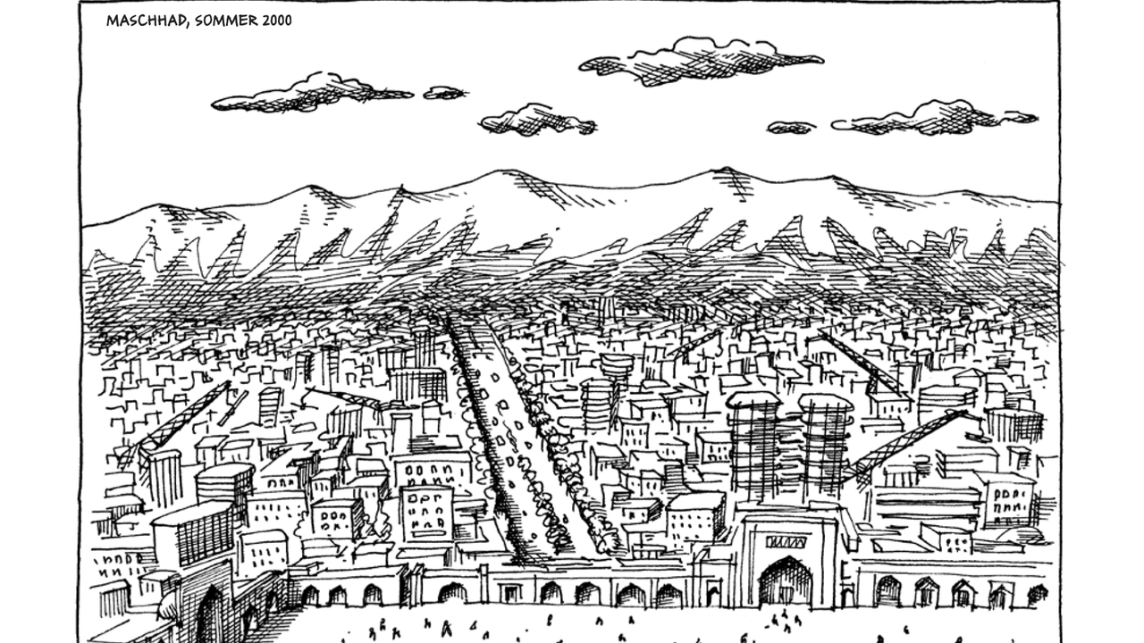 Zeichnung der Stadt Mashhad - aus der Graphic Novel "Die Spinne von Mashhad" von Mana Neyestani