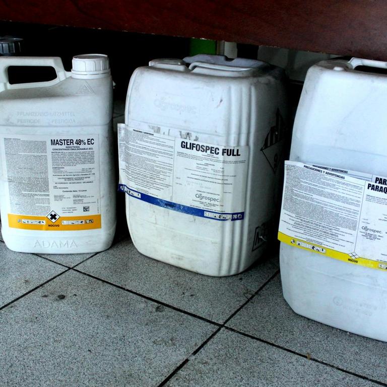 Vier Glyphosat- und Paraquat-Kanister in einem Geschäft für Plfanzenschutzmittel in Curicó am Boden.