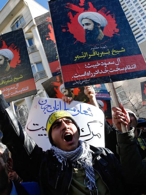 Demonstranten in Teheran protestieren gegen Hinrichtungen in Saudi-Arabien.