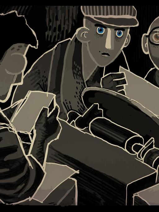 Szene aus dem Spiel "Through the Darkest of Times": Drei Widerstandskämpfer sitzen kospirativ zusammen in einer Untergrunddruckerei, zwei von ihnen starren den Betrachter durchdringend an.