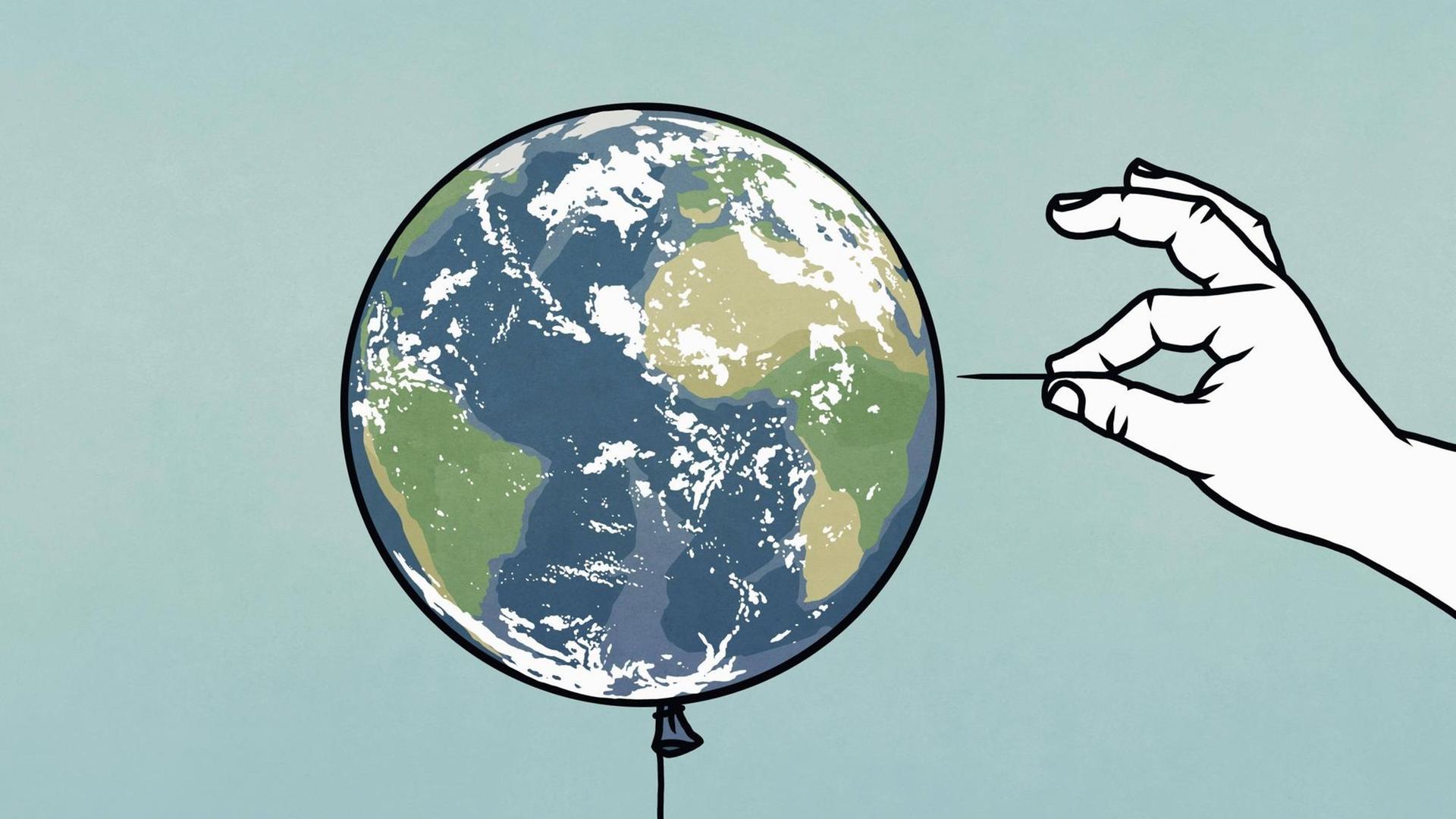 Illustration einer Hand mit Nadel, die in den Planeten Erde als Luftballon pikst.