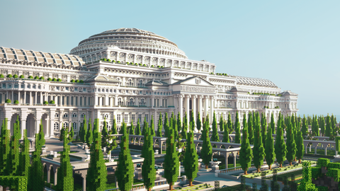 Ein Szenenbild aus dem Internetspiel Minecraft, auf dem eine großes weißes Gebäude zu sehen ist, davor sind mehrere Bäume. Auf dem Gebäude befindet sich die Aufschrift "Uncensored Library".