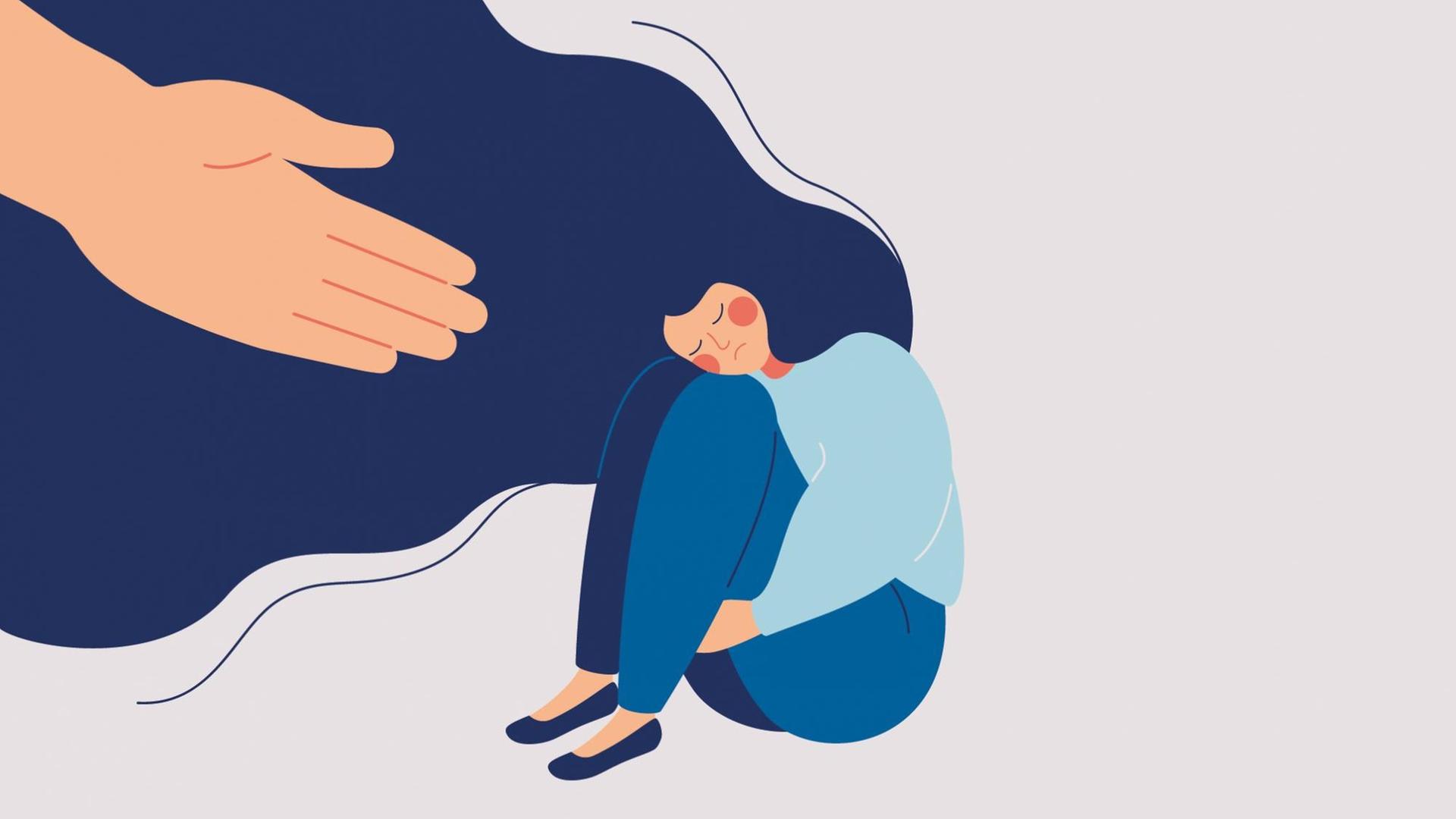 Die Illustration einer Frau mit verschlossenen Augen, die am Boden sitzt — eine Hand streckt sich zu ihr und will helfen.