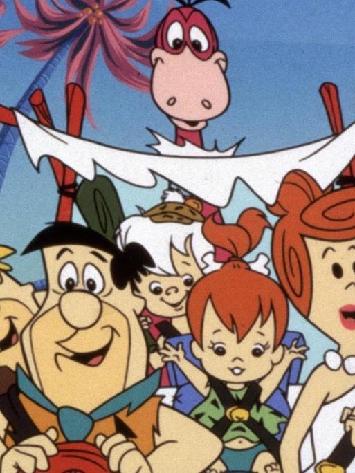 Filmstill aus der Zeichentrickserie "The Flintstones": Barney Rubble, Fred Flintstone, Bam Bam Rubble, Dinosaurier Dino, Pebbles Flintstone, Wilma Flintstone und Betty.