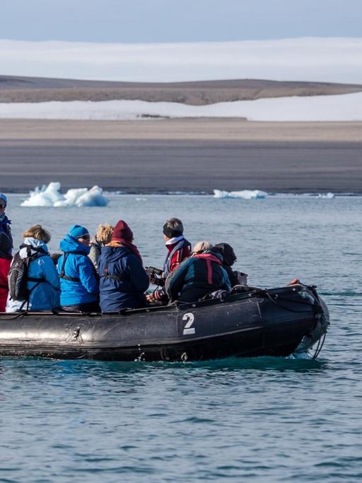 Touristen beobachten in der Arktis einen Eisbären.