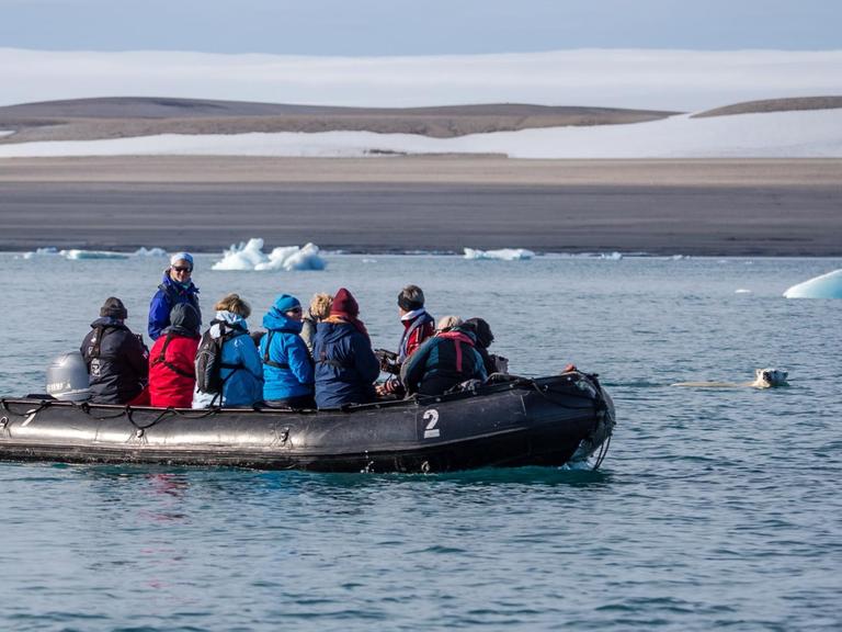 Touristen beobachten in der Arktis einen Eisbären.