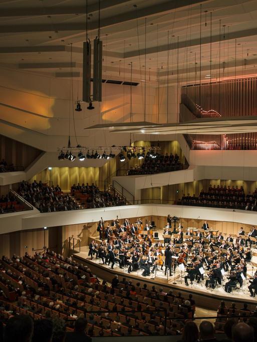 Musiker der Dresdner Philharmonie stehen am 28.04.2017 zum Eröffnungskonzert auf der Bühne des neuen Kulturpalastes in Dresden (Sachsen). Foto: Oliver Killig/dpa-Zentralbild/dpa | Verwendung weltweit