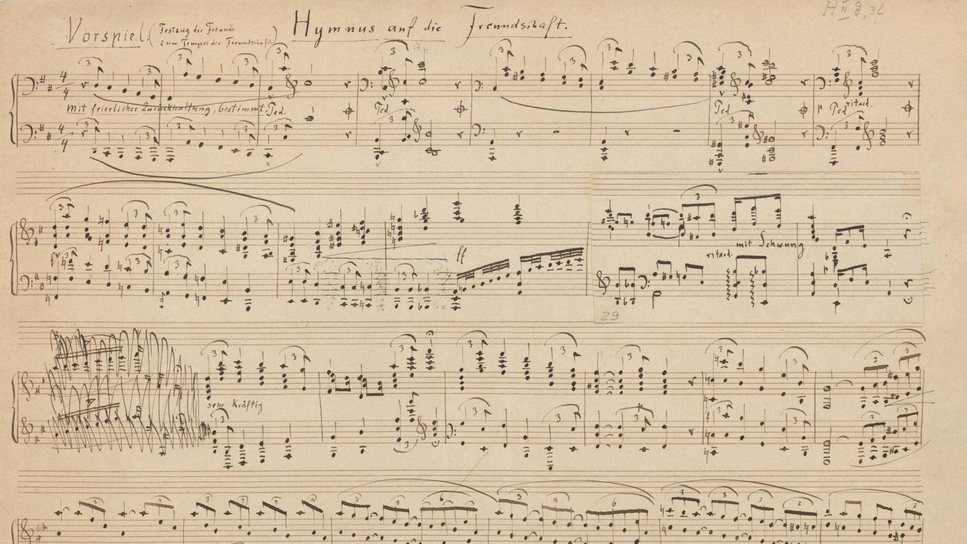 Noten des "Hymnus auf die Freundschaft. Vorspiel (Festzug der Freunde zum Tempel der Freundschaft)", von Friedrich Nietzsche aus dem Jahr 1874.