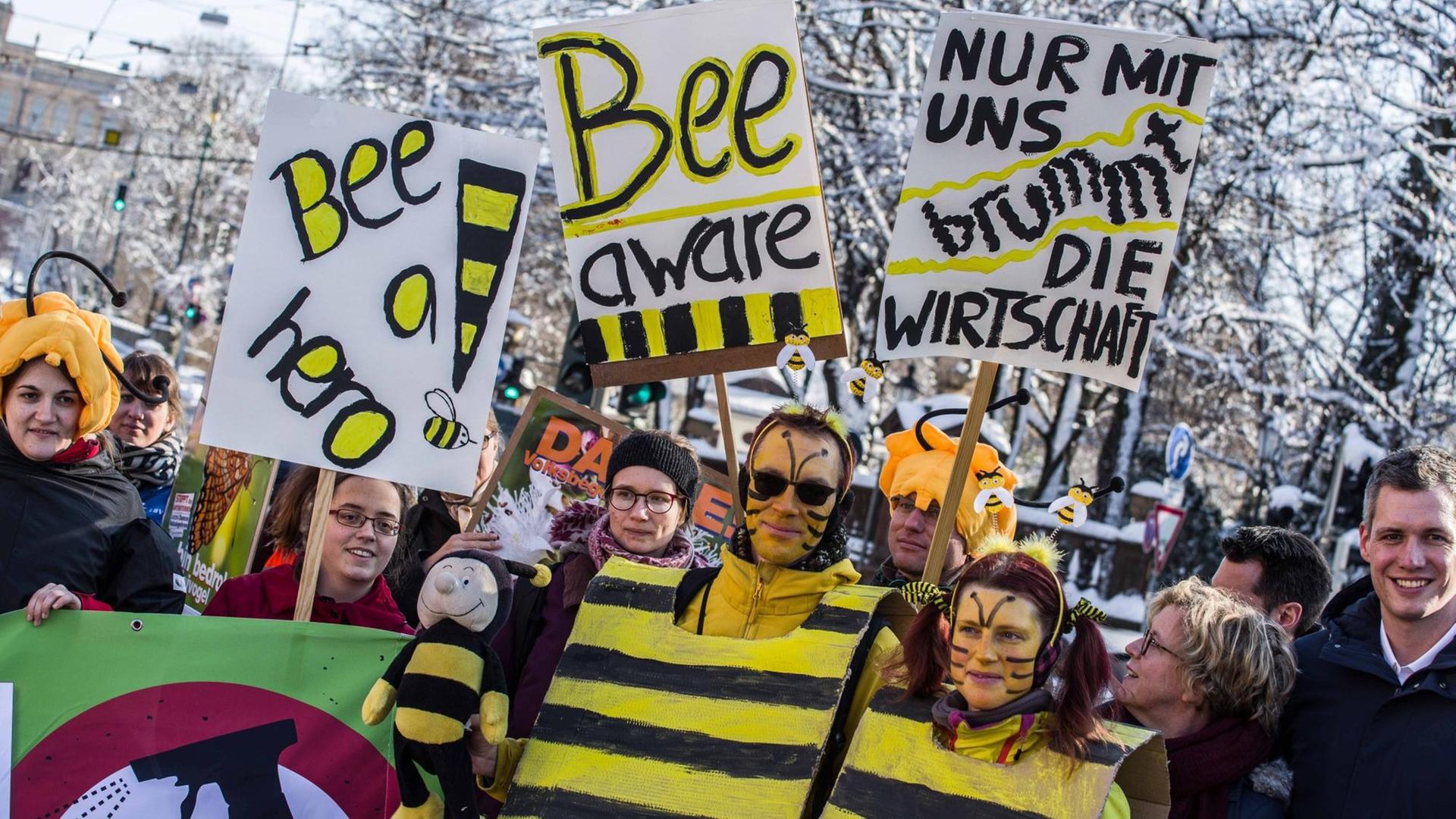 In München demonstrieren Unterstützer des Volksbegehren "Artenvielfalt" im Bienenkostüm