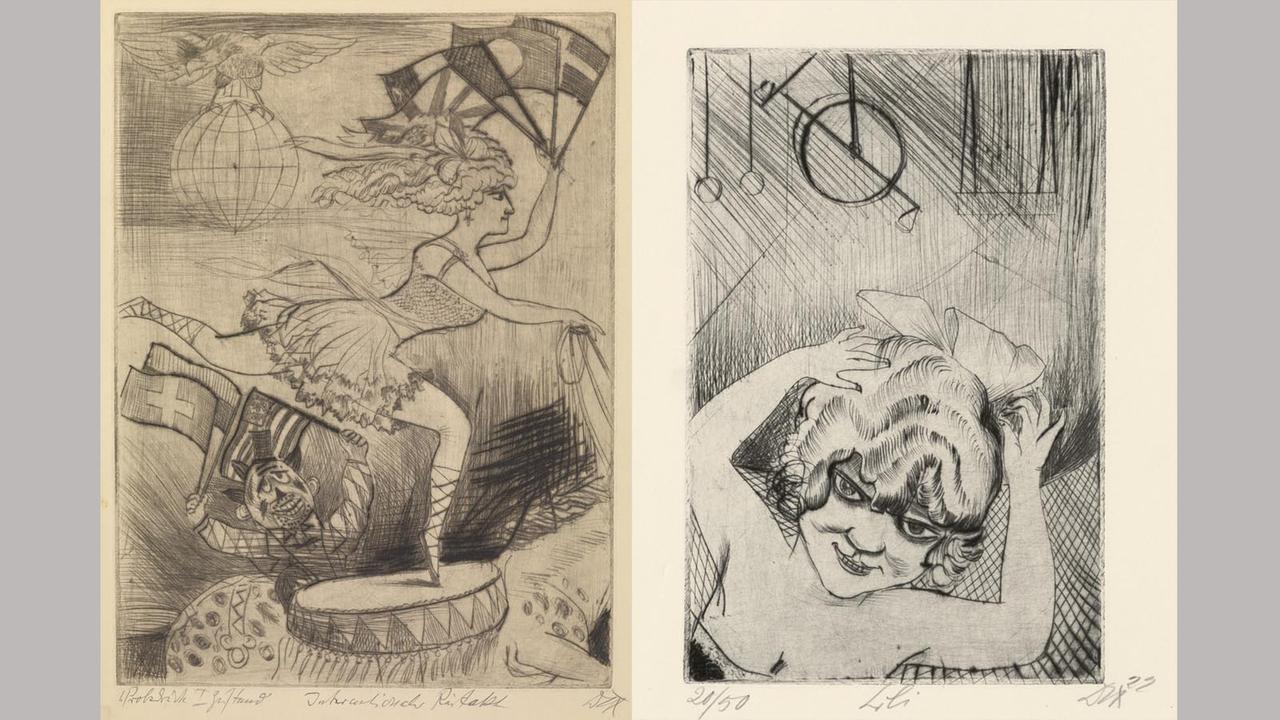 Der "International Riding Act" (l.) und "Lili, the Queen of the Air" (1922) von Otto Dix (1891-1969) aus dem Zirkus-Portfolio aus der The George Economou Collection