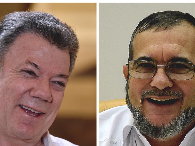 Die Kombo zeigt den kolumbianischen Präsidenten Juan Manuel Santos (l) sowie den obersten FARC-Kommandeur Rodrigo Londoño, besser bekannt als Timochenko. Beide wollen einen Friedensvertrag unterzeichnen.