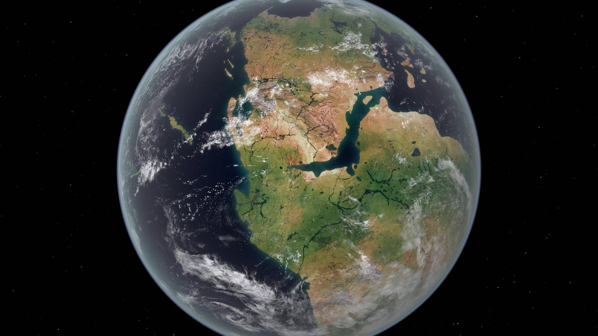 Eine Simulation zeigt, wie die Halbkugel der Erde vor 200 Millionen Jahren ausgesehen haben könnte.