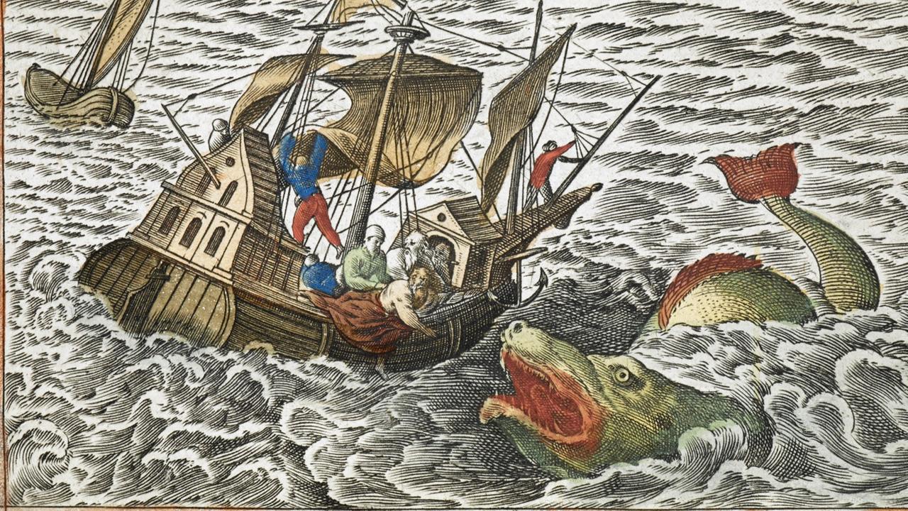 Jona wird von Bord zum Seeungeheuer geworfen.