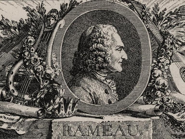 Gezeichnetes Bildnis von Jean Philippe Rameau von Louis Joseph Masquelier um 1779, der viele Instrumente um das Haupt des Komponisten gruppiert.