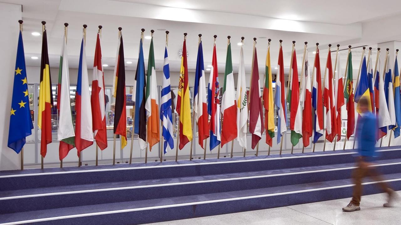 Die Flaggen von vielen EU-Ländern stehen in einem Raum.